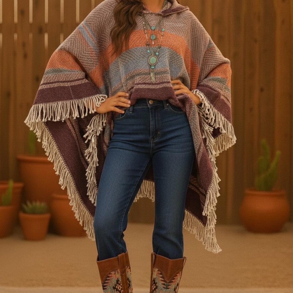 Boho Long Sleeve V-Neck Hooded Plaid Poncho Pullover